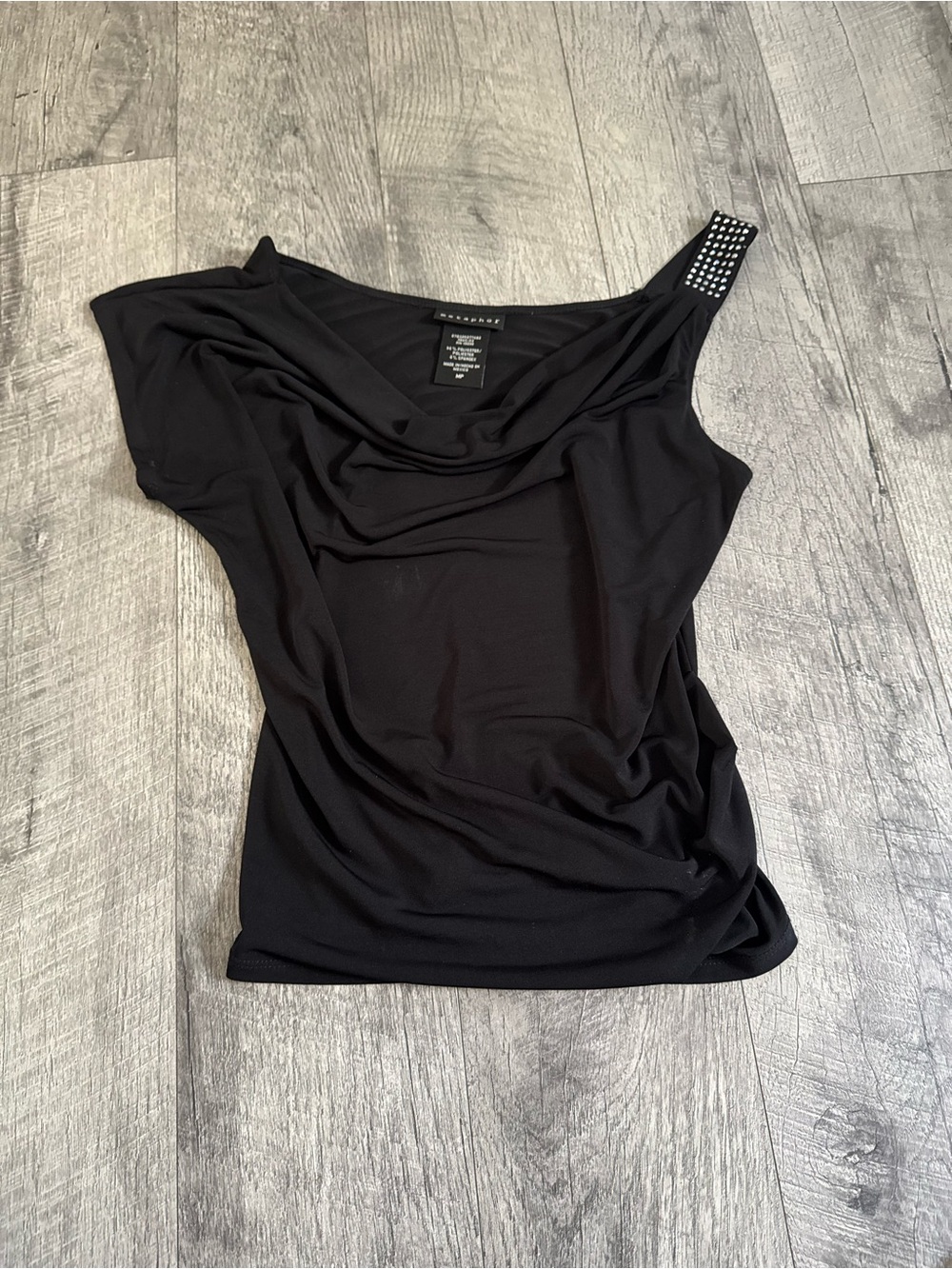 Metaphor: Black Solid Knit Cowl Neck Studded Wide Strap Tank Top, Size MP
